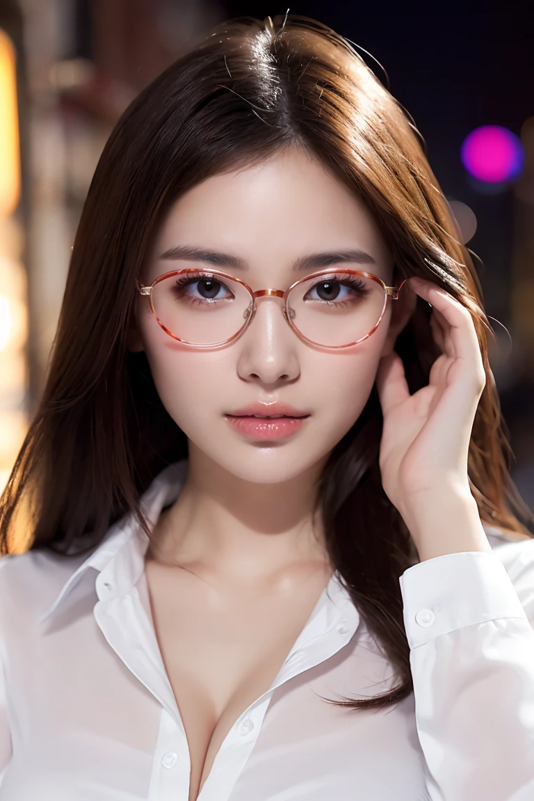 (highest quality、Tabletop、8k、Best image quality、Award-winning works)、One beautiful woman、Age 25、Perfect beautiful composition、(Classy glasses:1.1)、(Cleavage:1.1)、Big breasts that look like they might burst、Accentuate your body lines、(Perfect and precise white polyester shirt:1.3)、look at me、(Sexy look:1.1)、Perfect Makeup、attractive、Sexy、Lustrous and bright lips、Accurate anatomy、(Face close-up:1.3)、look at me、(The moodiest entertainment district lighting:1.1)、(Moody and romantic atmosphere blurred red light district street background:1.2)、Perfect Makeup、Ultra-high definition beauty face、Ultra HD Hair、Ultra-high definition moisturizing eye area、(Ultra High Resolution Perfect Teeth:1.1)、(Ultra-high resolution glossy skin:1.1)、Super high quality glossy lip