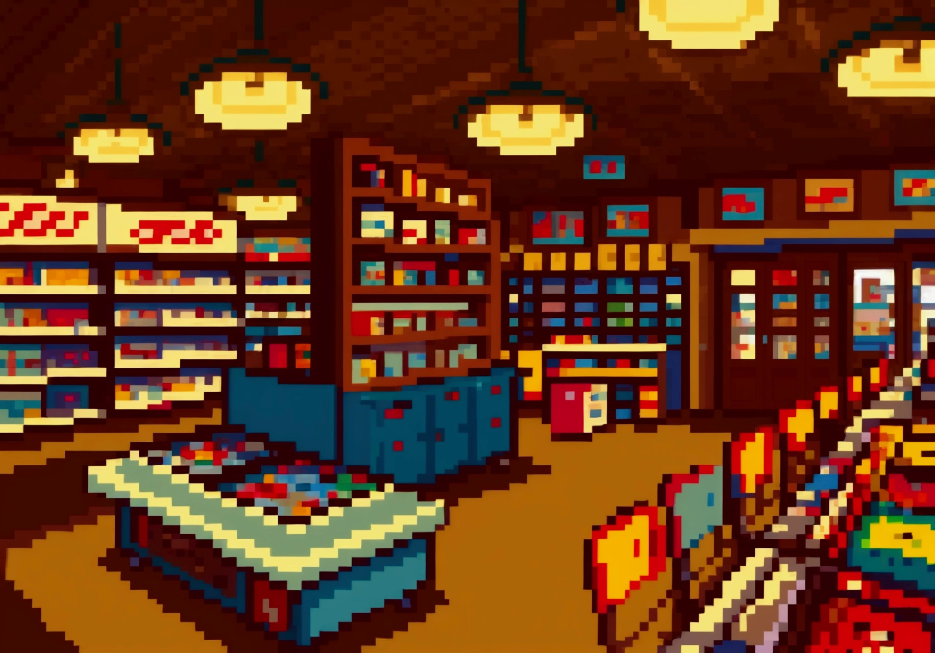 a retro 80s video game store, detailed interior, shelves filled with classic video games, customers browsing, nostalgia, warm lighting, vintage decor, detailed textures, high quality, photorealist