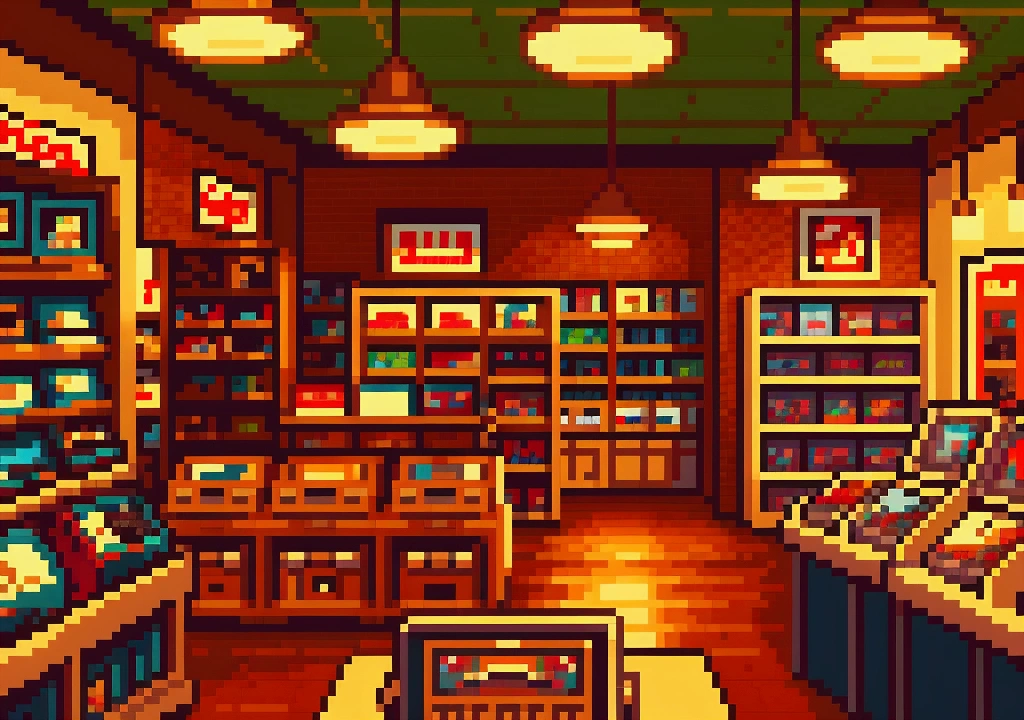 a retro 80s video game store, detailed interior, shelves filled with classic video games, customers browsing, nostalgia, warm lighting, vintage decor, detailed textures, high quality, photorealist