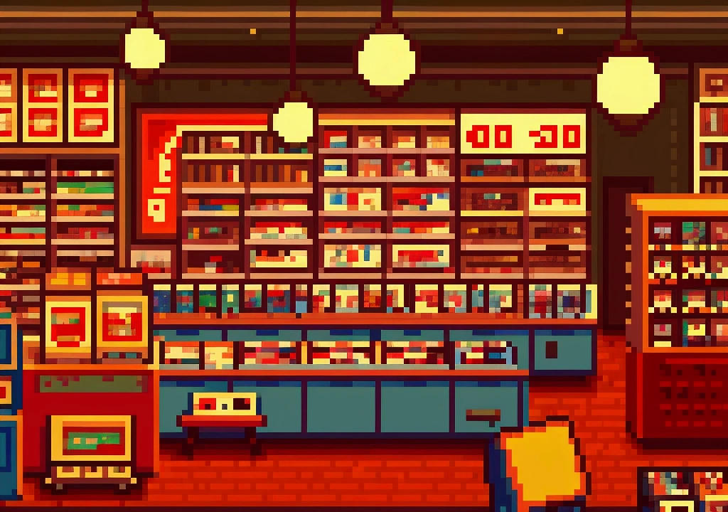 a retro 80s video game store, detailed interior, shelves filled with classic video games, customers browsing, nostalgia, warm lighting, vintage decor, detailed textures, high quality, photorealist
