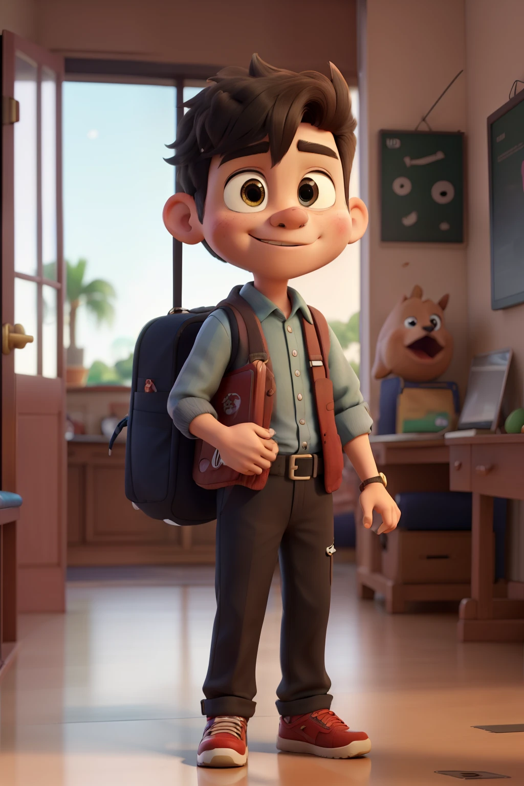 ((UHD high quality), ((cartoon 3d)), (detailded), 1 Goroto Negro, going to school, with an average of 7 years of age, looking at a smartphone 
