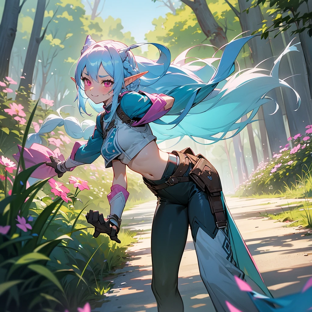 1female, sexy, young teen, elf ears, finely detailed pink eyes, wild long hair, braided hair, pale blue hair color, adventurer gear, crop top sweater, baggy combat pants, standing on path, day time, dark forest, excited expression, flowers, blushing