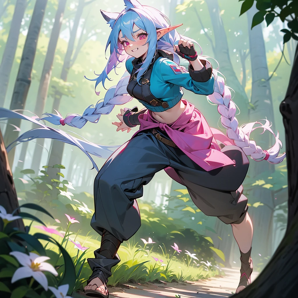 1female, sexy, young , elf ears, finely detailed pink eyes, wild long hair, braided hair, pale blue hair color, adventurer gear, crop top sweater, baggy combat pants, standing on path, day time, dark forest, excited expression, flowers, blushing