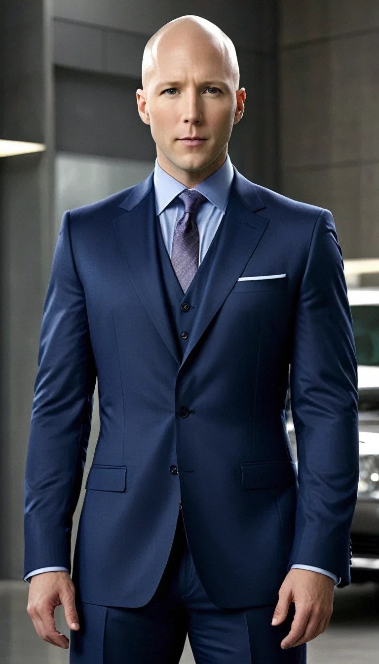 Lex Luthor, played by Michael Rosenbaum, is a man of medium to tall height, with about 1,83 meters (6 feet) Tall. He has a slim and muscular build, reflecting care for your physical appearance. One of his most striking features is his shaved head., which gives you a distinct and intimidating appearance. His face is angular, with prominent cheekbones and a defined jaw. Your eyes are blue, often described as penetrating and expressive, capable of conveying both charm and menace. Lex has fair skin and is usually seen wearing stylish, expensive clothes., like tailored suits, that accentuate its powerful and authoritarian presence.