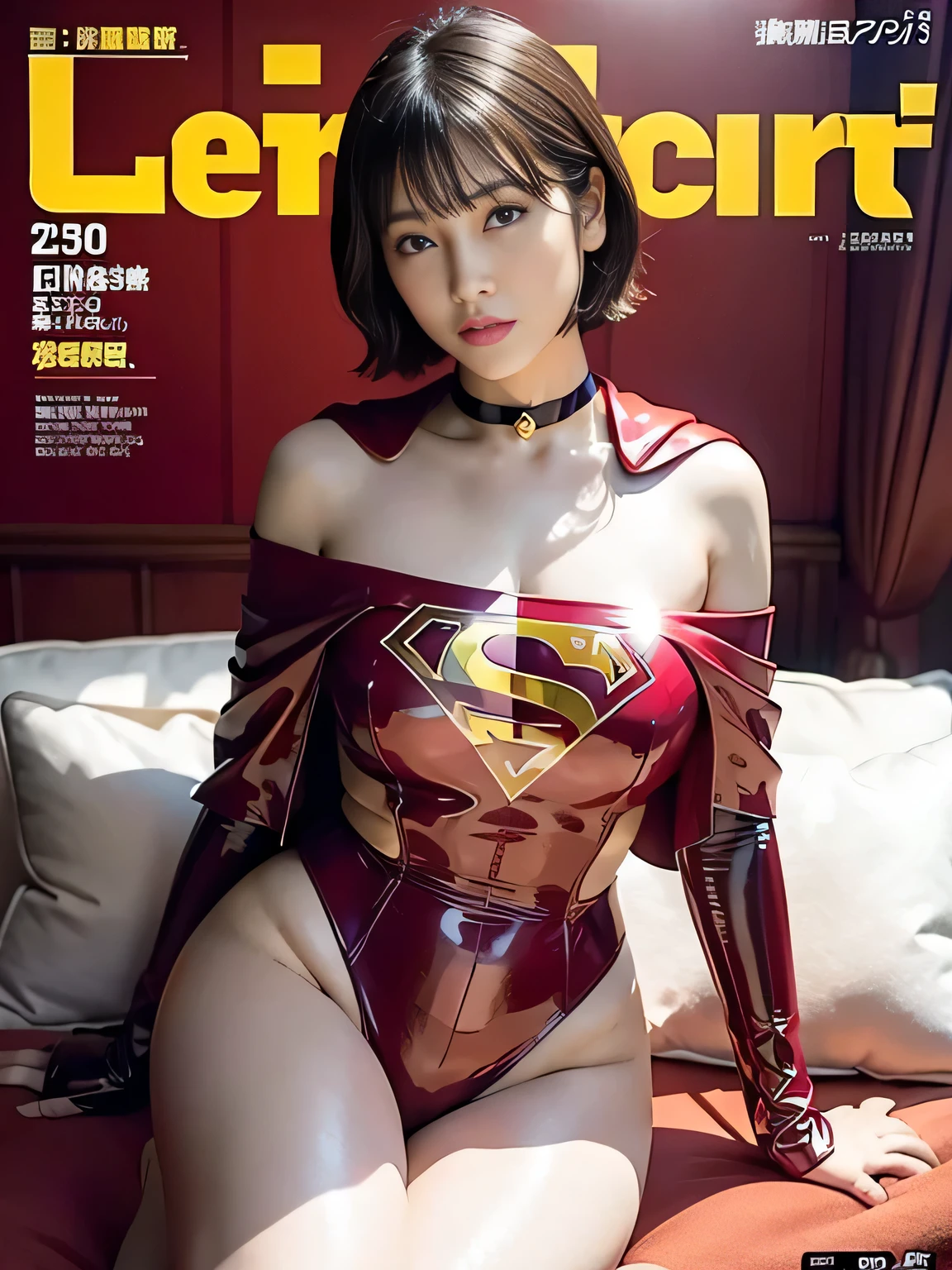 masterpiece、Rubber Supergirl Costume、short hair、Red rubber long boots、Big and ample breasts、shiny sweaty skin、looking at the camera、choker、Long sleeve、Sexy poses to seduce、Off the shoulder、latex、From the front、Posing on a cushion、High leg leotard、Cape、Beautiful thighs、Photo magazine cover、Boasting beautiful legs、wallpaper for pc、