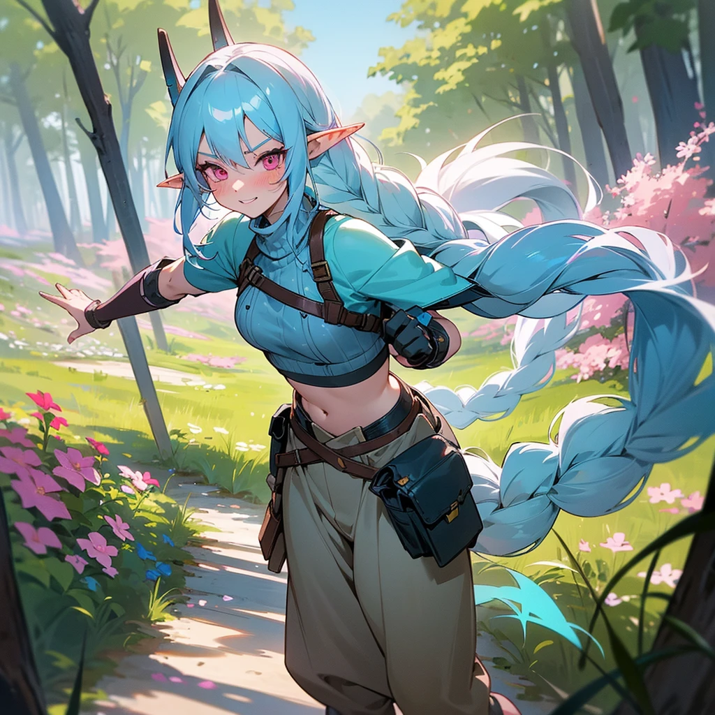 1female, sexy, , elf ears, finely detailed pink eyes, wild long hair, braided hair, pale blue hair color, adventurer gear, crop top sweater, baggy combat pants, standing on path, day time, dark forest, excited expression, flowers, blushing