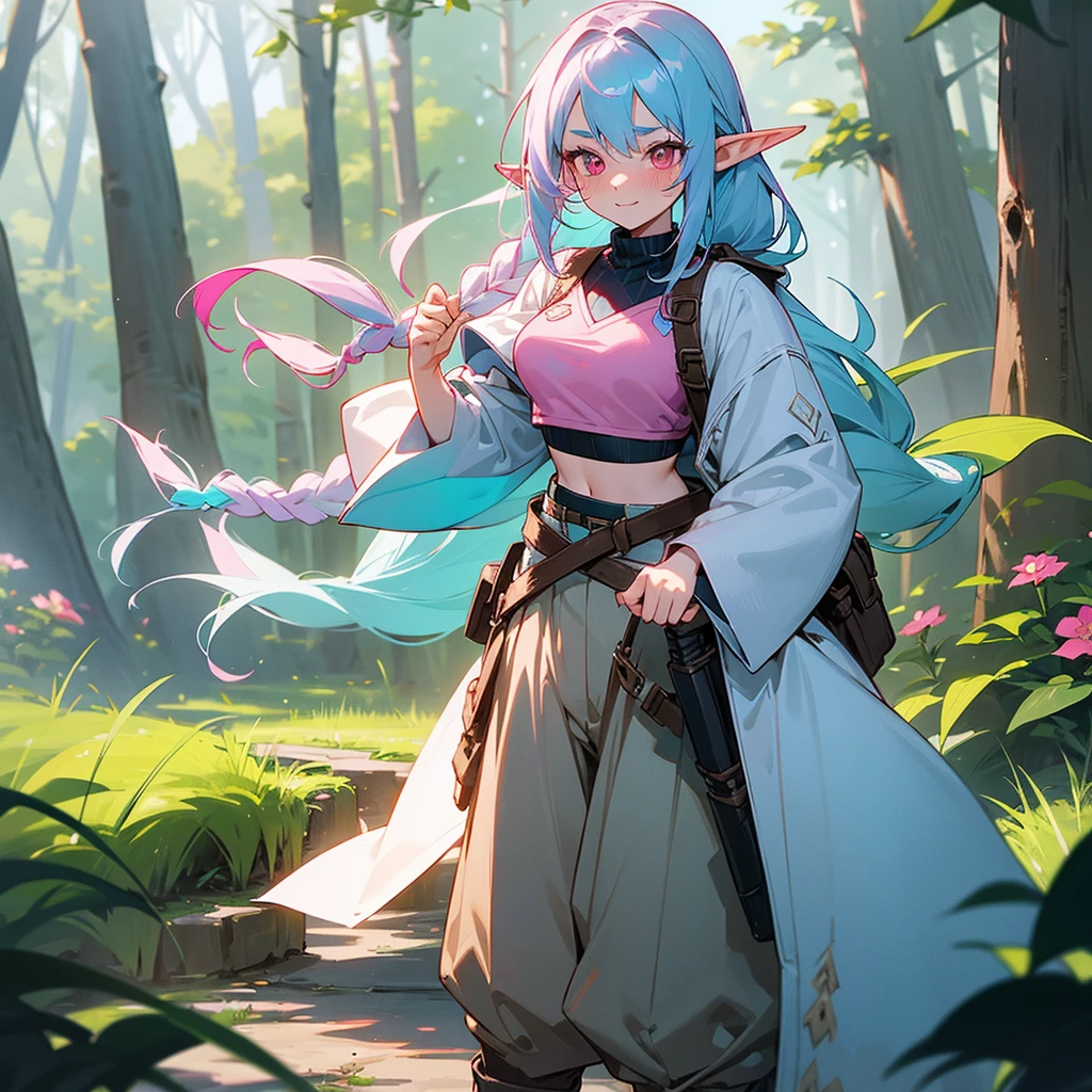 1female, sexy, young teen, elf ears, finely detailed pink eyes, wild long hair, braided hair, pale blue hair color, adventurer gear, crop top sweater, baggy combat pants, standing on path, day time, dark forest, excited expression, flowers, blushing