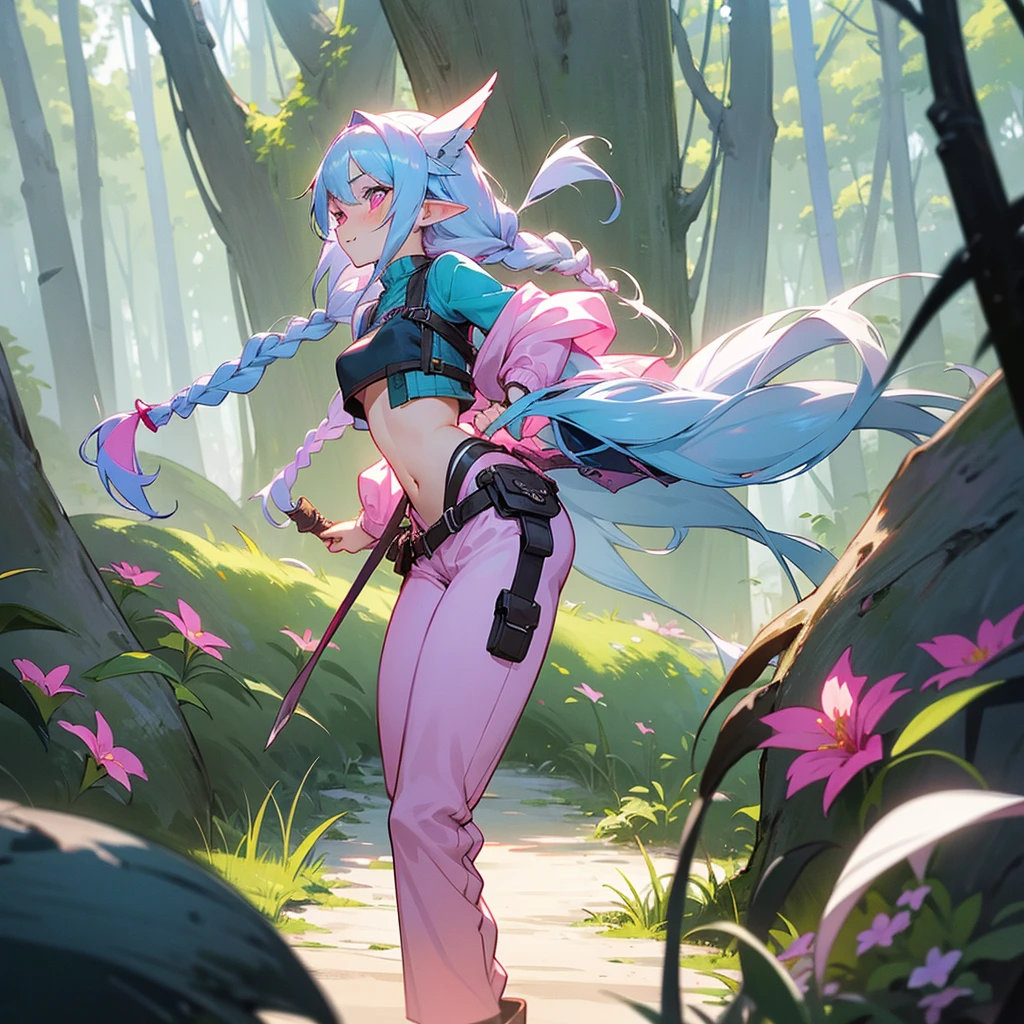 1female, sexy, young teen, elf ears, finely detailed pink eyes, wild long hair, braided hair, pale blue hair color, adventurer gear, crop top sweater, baggy combat pants, standing on path, day time, dark forest, excited expression, flowers, blushing