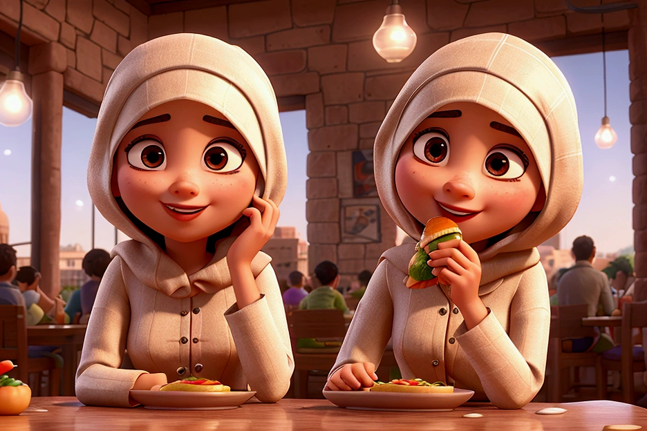 in the restaurant, one arabe woman covered head, eating hamburger, people, 3D pixar