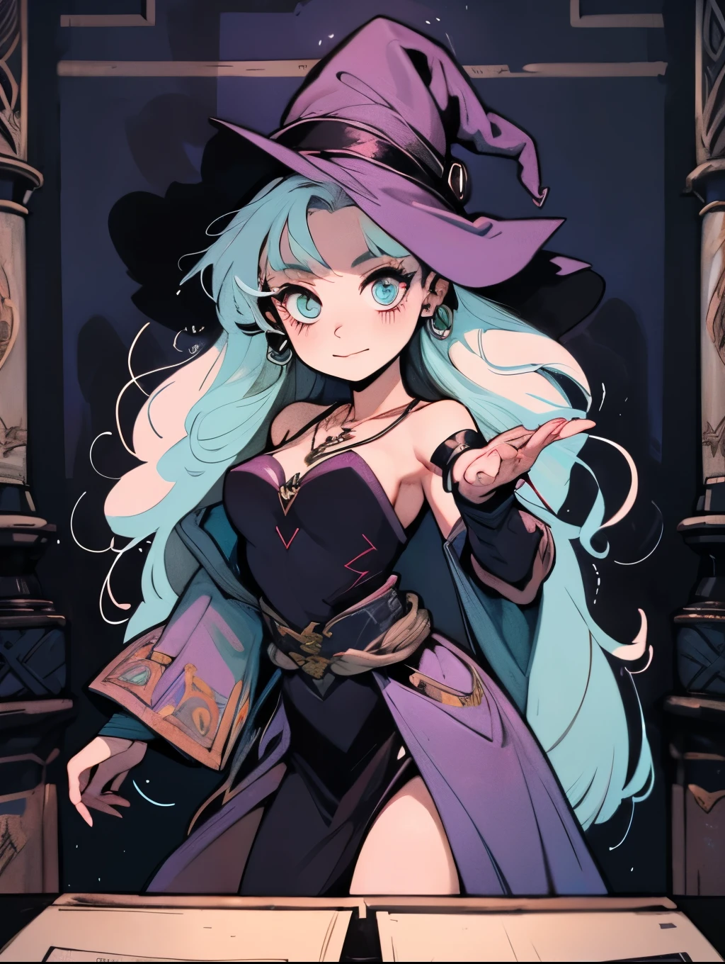 depicts a modern-day witch who has embraced the world of cybernetics to enhance her magical abilities. The artwork should convey the enchanting blend of traditional witchcraft and futuristic technology. Here are some specific elements to include: The Witch's Lair: The setting should be a cozy yet slightly eerie room, filled with magical books, crystal balls, potion ingredients, and antique furnishings. The room should be dimly lit by candles and a soft, mystical glow emanating from her cybernetic enhancements. The Cyborg Witch: The central focus of the artwork is the witch herself. She's a striking figure with a mix of traditional witch attire and cybernetic enhancements. Her clothing should have a witchy, occult aesthetic, with flowing robes, a pointed hat, and an intricate pentagram necklace. Her arms, however, have been upgraded with cybernetic components that incorporate magical symbols and glowing runes. Magical Interface: The witch is in the midst of casting a spell, with a holographic, touch-screen interface floating before her. This interface includes spell incantations, arcane symbols, and digital components, demonstrating her fusion of magic and technology. Spell Ingredients: On a nearby table, there should be a collection of spell ingredients, like herbs, potions, and magical artifacts. Some of these items may have been modified with cybernetic enhancements, blurring the line between the natural and the technological. Familiar: The witch's familiar, perhaps a cat or raven, should be present in the scene, serving as her magical companion. The familiar could also have subtle cybernetic enhancements or glowing eyes. Glowing Runes: The room should be adorned with ancient symbols and glowing runes on the walls and floor, contributing to the magical atmosphere. Aetherial Lighting: Use a combination of mystical, ethereal lighting and cybernetic glows to create a captivating interplay of light and shadow. The contrast between the tradit
