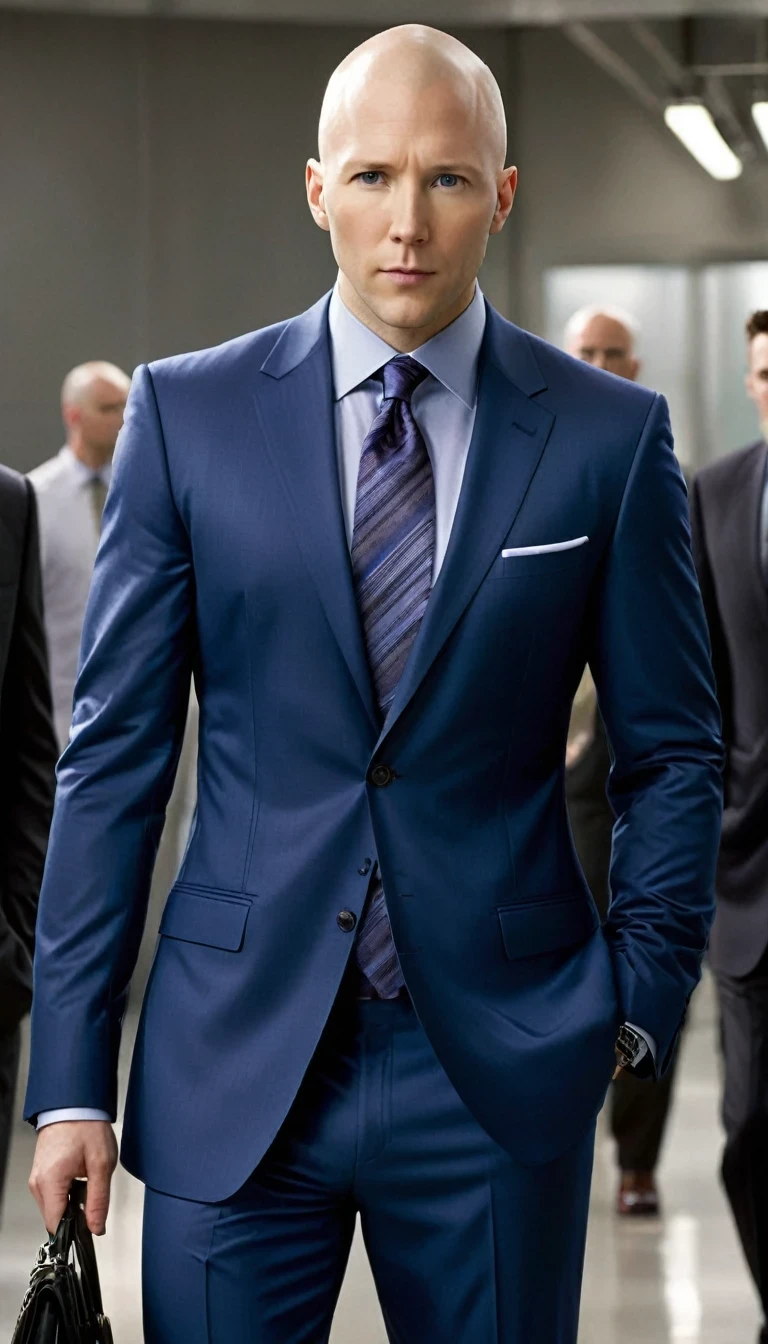 Lex Luthor, played by Michael Rosenbaum, is a man of medium to tall height, with about 1,83 meters (6 feet) Tall. He has a slim and muscular build, reflecting care for your physical appearance. One of his most striking features is his shaved head., which gives you a distinct and intimidating appearance. His face is angular, with prominent cheekbones and a defined jaw. Your eyes are blue, often described as penetrating and expressive, capable of conveying both charm and menace. Lex has fair skin and is usually seen wearing stylish, expensive clothes., like tailored suits, that accentuate its powerful and authoritarian presence.