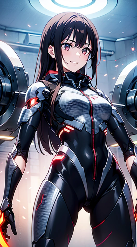 Machine eyes glowing red、((Looking away:1.6))、Grinning