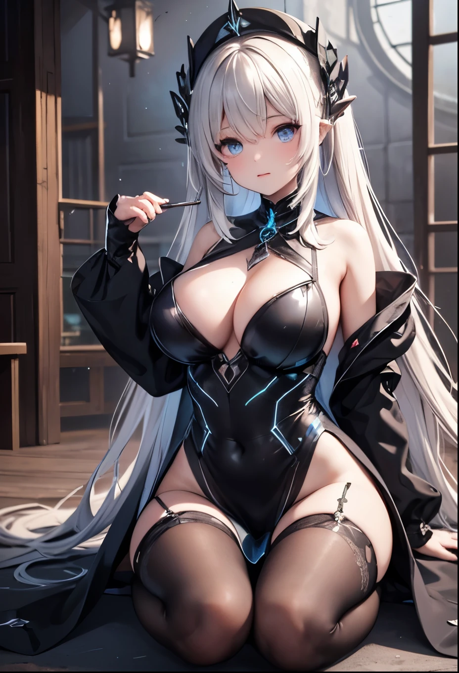 depicts a modern-day witch who has embraced the world of cybernetics to enhance her magical abilities. The artwork should convey the enchanting blend of traditional witchcraft and futuristic technology. Here are some specific elements to include: The Witch's Lair: The setting should be a cozy yet slightly eerie room, filled with magical books, crystal balls, potion ingredients, and antique furnishings. The room should be dimly lit by candles and a soft, mystical glow emanating from her cybernetic enhancements. The Cyborg Witch: The central focus of the artwork is the witch herself. She's a striking figure with a mix of traditional witch attire and cybernetic enhancements. Her clothing should have a witchy, occult aesthetic, with flowing robes, a pointed hat, and an intricate pentagram necklace. Her arms, however, have been upgraded with cybernetic components that incorporate magical symbols and glowing runes. Magical Interface: The witch is in the midst of casting a spell, with a holographic, touch-screen interface floating before her. This interface includes spell incantations, arcane symbols, and digital components, demonstrating her fusion of magic and technology. Spell Ingredients: On a nearby table, there should be a collection of spell ingredients, like herbs, potions, and magical artifacts. Some of these items may have been modified with cybernetic enhancements, blurring the line between the natural and the technological. Familiar: The witch's familiar, perhaps a cat or raven, should be present in the scene, serving as her magical companion. The familiar could also have subtle cybernetic enhancements or glowing eyes. Glowing Runes: The room should be adorned with ancient symbols and glowing runes on the walls and floor, contributing to the magical atmosphere. Aetherial Lighting: Use a combination of mystical, ethereal lighting and cybernetic glows to create a captivating interplay of light and shadow. The contrast between the tradit