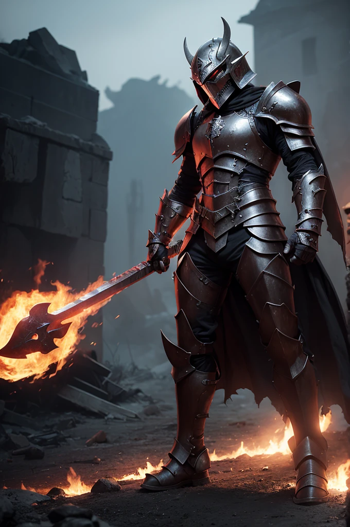 fierce monster warrior in hellfire, with full armor and helmet, with shadow power and hellfire, murderous and strong
