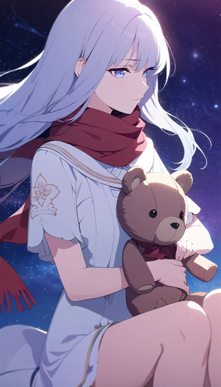 (((masterpiece))), (((best quality))),(((high detail))),light manipulation, girl with long hair, gradient purple to sky blue eyes, wearing a white dress, a red scarf, galaxy background, holding a teddy bear, feet, no footwear, close up