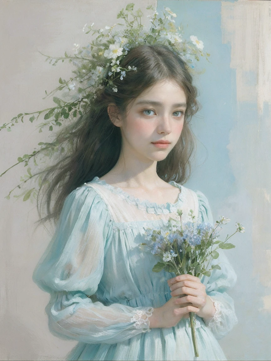 1girls,floral, Lycianthus ,In light green and light blue styles..., Dreamy and romantic composition..., dripping flowers on her face, in the style of collage-based, made of insects, william wegman, colorism, white background, pencil art illustrations, national geographic photo,looking at the viewer
