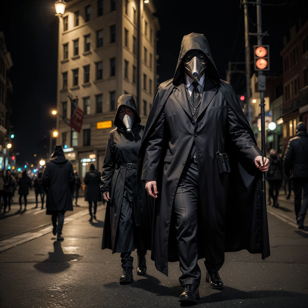 A man dressed as a bubonic plague doctor touring a city at night, this one carries a cane