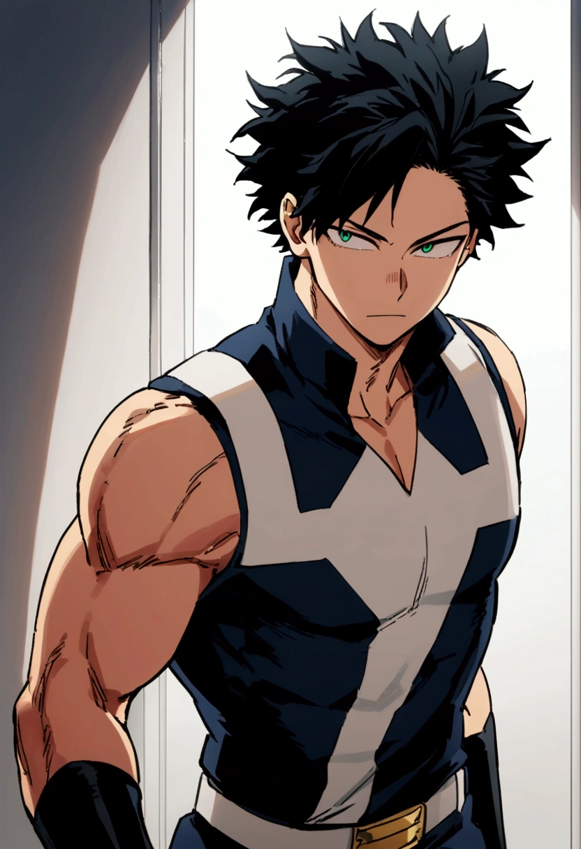  He is a 17 year old teenager, He has slightly disheveled very black hair..., somewhat light green eyes, , muscular body , sexy face, He is dressed in the anime male uniform "my hero academia" 