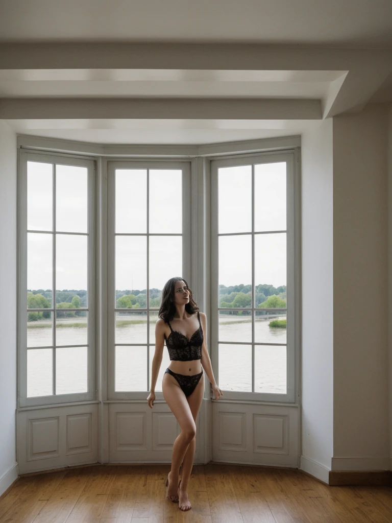 her name is Amelie, high quality, 1girl, ((25-year-old fit Caucasian woman)), ((25 years old)), ((slim)), ((dark hair)), smiling, pose: sexy boudoir pose, wearing SOPHISTICATED courant lingerie bright colored, BACKGROUND: "A riverfront apartment with an open-plan living area, contemporary decor, and large windows with views of the Loire River."