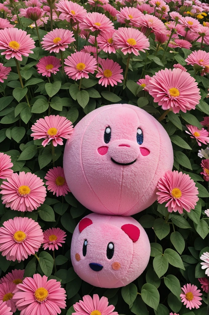 Kirby around many flowers