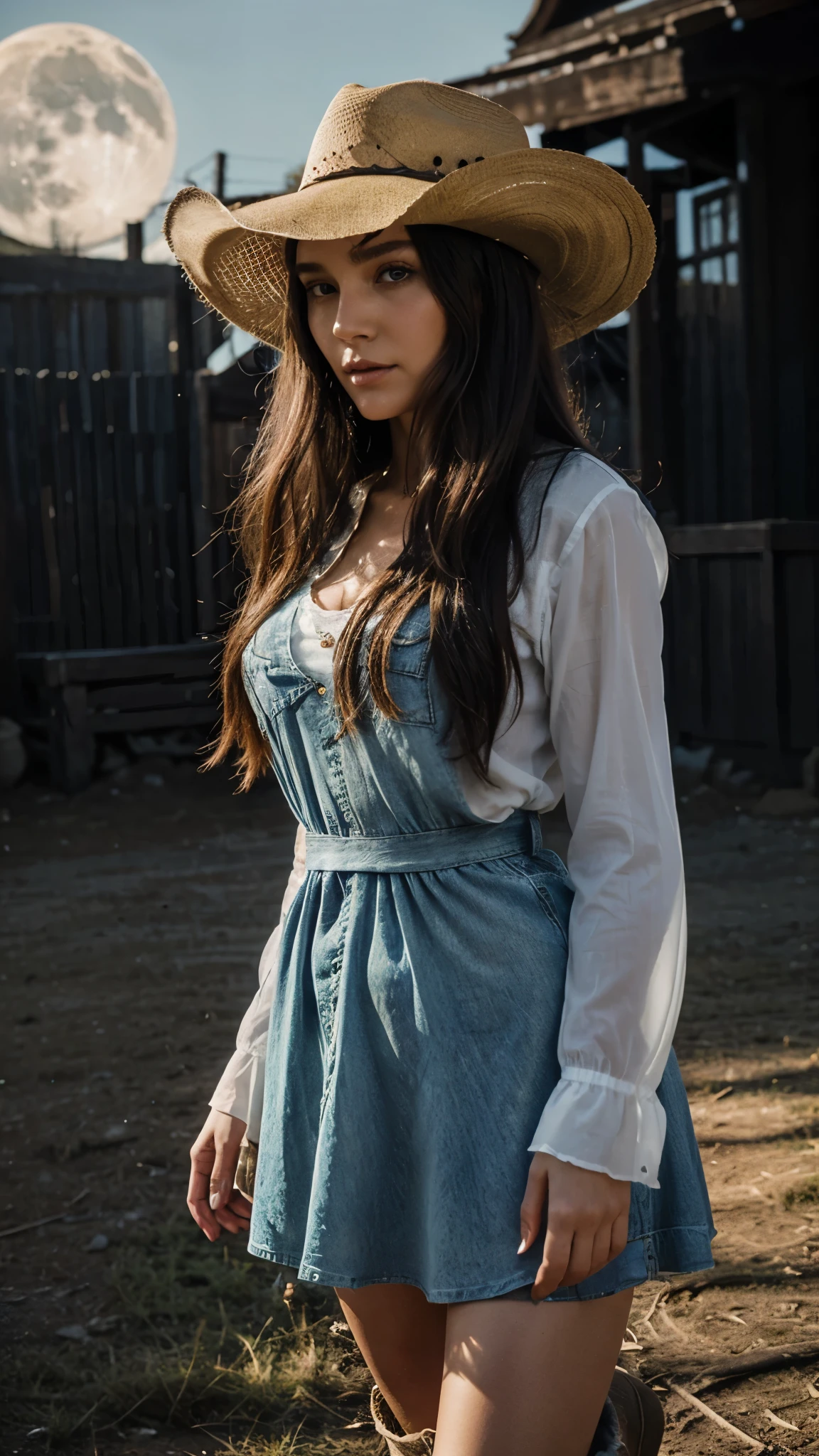A captivating t-shirt design featuring a cowgirl ghost with a mysterious and alluring aura. She dons a classic cowboy hat, a fringed leather jacket, and a flowing dress with cowboy boots. Her ghostly presence is accentuated by the translucent, ethereal quality of her outfit and the glowing moon behind her. The overall design exudes a perfect blend of western and supernatural elements, making it a unique and eye-catching statement piece.