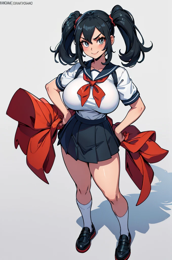 (masterpiece, best quality, high resolution, (pokemon style) ((huge breasts)) 1 girl. black hair tied in 2 short pigtails, sailor uniform, very short sailor miniskirt, long white stockings, smile, school shoes ,,,((white background,)), ((full body standing)),
