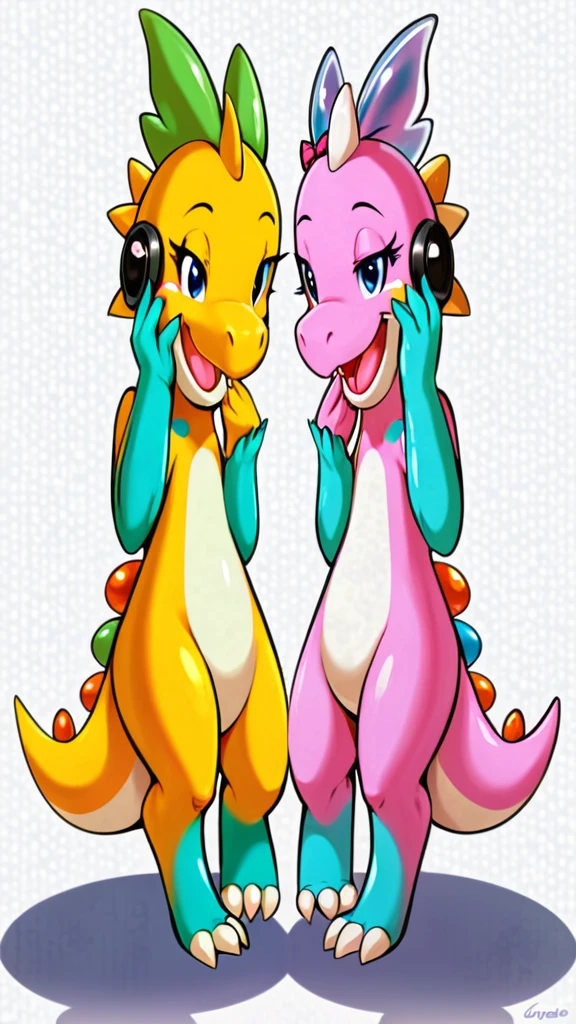 two cartoon dinosaurs with bows on their heads, one is talking on the phone, cute pokemon style, ambos laughing, Beautiful ajolote, SFW version, buizel and human fusion, beautiful colorful adorable, Twins, Beautiful work of art, laughing, digimon glamorous angelic woman, beautiful digital art, Guggimon, adult pair of Twins, diferentes poses, Bub, bubble bobble video game, green scalie, skill,
Bubble dragon,