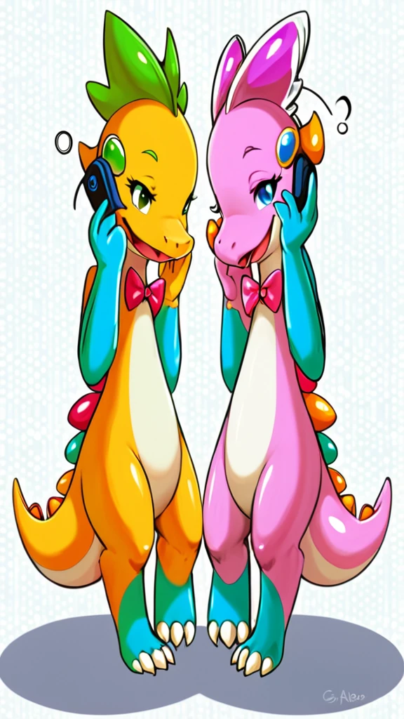 two cartoon dinosaurs with bows on their heads, one is talking on the phone, cute pokemon style, ambos laughing, Beautiful ajolote, SFW version, buizel and human fusion, beautiful colorful adorable, Twins, Beautiful work of art, laughing, digimon glamorous angelic woman, beautiful digital art, Guggimon, adult pair of Twins, diferentes poses, Bub, bubble bobble video game, green scalie, skill,
Bubble dragon,