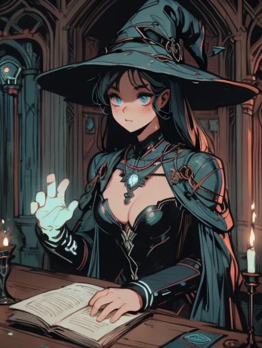 depicts a modern-day witch who has embraced the world of cybernetics to enhance her magical abilities. The artwork should convey the enchanting blend of traditional witchcraft and futuristic technology. Here are some specific elements to include: The Witch's Lair: The setting should be a cozy yet slightly eerie room, filled with magical books, crystal balls, potion ingredients, and antique furnishings. The room should be dimly lit by candles and a soft, mystical glow emanating from her cybernetic enhancements. The Cyborg Witch: The central focus of the artwork is the witch herself. She's a striking figure with a mix of traditional witch attire and cybernetic enhancements. Her clothing should have a witchy, occult aesthetic, with flowing robes, a pointed hat, and an intricate pentagram necklace. Her arms, however, have been upgraded with cybernetic components that incorporate magical symbols and glowing runes. Magical Interface: The witch is in the midst of casting a spell, with a holographic, touch-screen interface floating before her. This interface includes spell incantations, arcane symbols, and digital components, demonstrating her fusion of magic and technology. Spell Ingredients: On a nearby table, there should be a collection of spell ingredients, like herbs, potions, and magical artifacts. Some of these items may have been modified with cybernetic enhancements, blurring the line between the natural and the technological. Familiar: The witch's familiar, perhaps a cat or raven, should be present in the scene, serving as her magical companion. The familiar could also have subtle cybernetic enhancements or glowing eyes. Glowing Runes: The room should be adorned with ancient symbols and glowing runes on the walls and floor, contributing to the magical atmosphere. Aetherial Lighting: Use a combination of mystical, ethereal lighting and cybernetic glows to create a captivating interplay of light and shadow. The contrast between the tradit