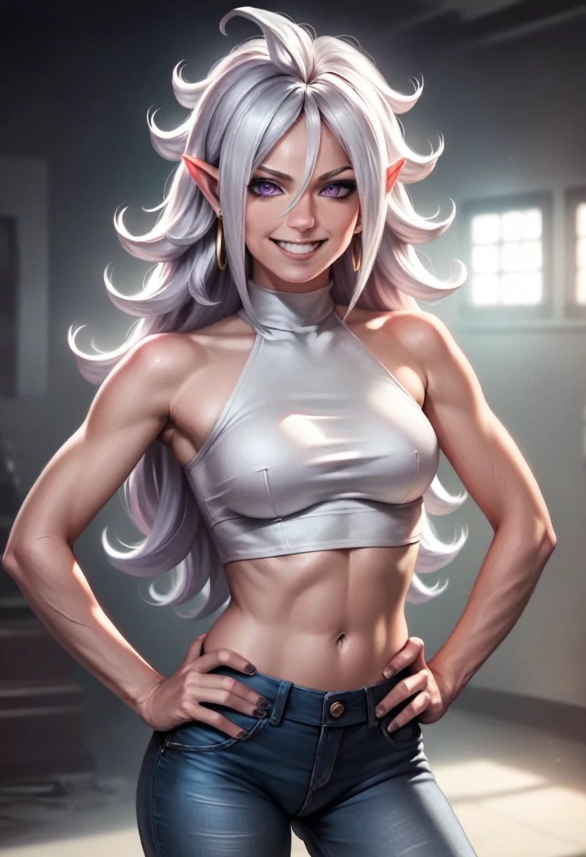 A dark-skinned tomboyish young woman, Android 21 silver hair, violet eyes, long pointy ears, scales on skin, gold jewelry, calm and cool attitude, small grin, white cropped halter top, dark jeans, hands on hips, detailed facial features, extremely detailed portrait, (best quality,4k,8k,highres,masterpiece:1.2),ultra-detailed,(realistic,photorealistic,photo-realistic:1.37),dramatic lighting,cinematic,highly detailed,vibrant colors,fantasy character