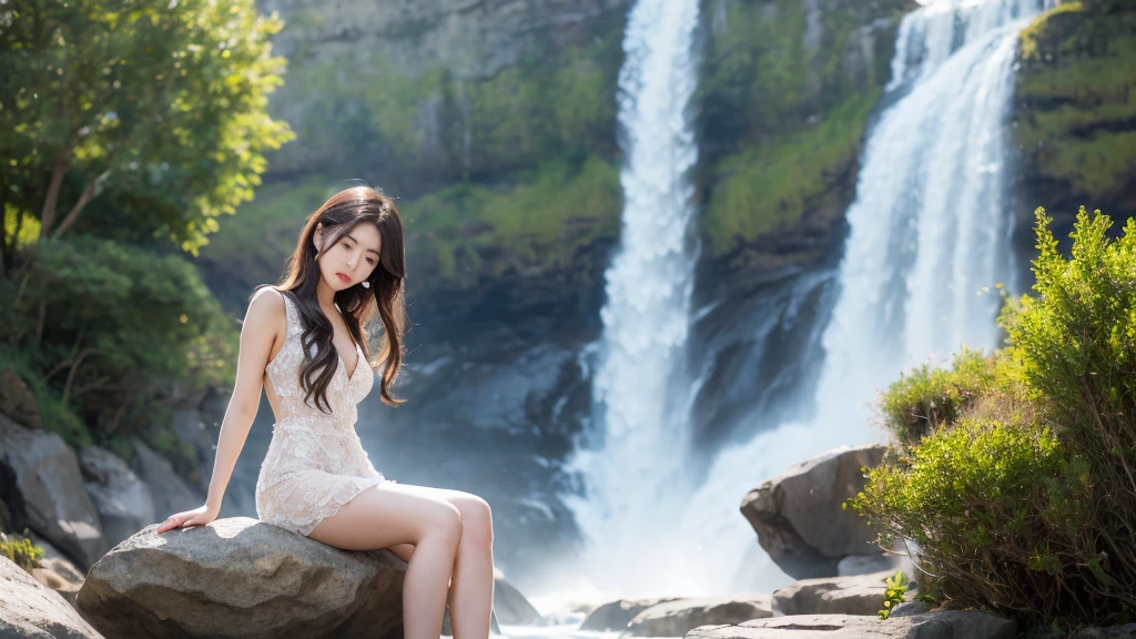 Being hit by a waterfall on a rock、Physiologically correct body、Formal wear、Cute 20 year old girl、Medium Hair,Natural color lip, Blur the background、To endure alone