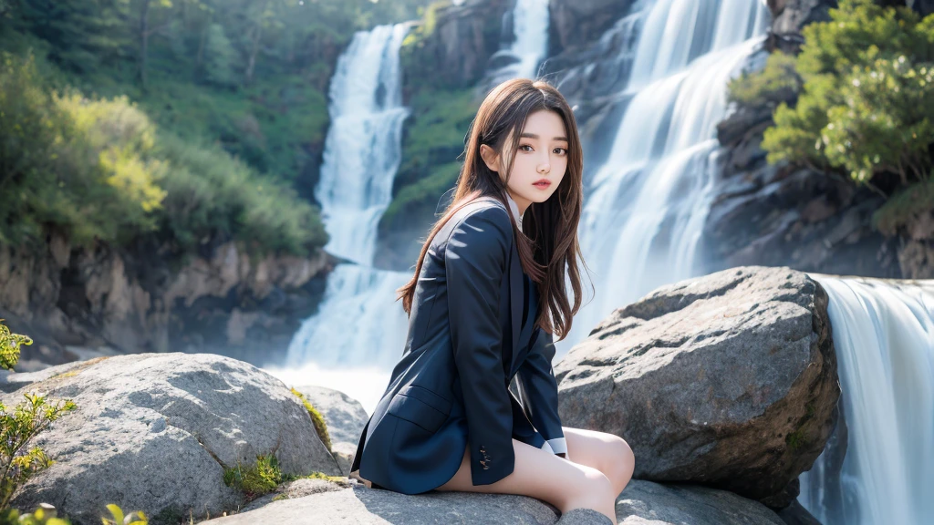 Being hit by a waterfall on a rock、Physiologically correct body、Formal wear、Cute 20 year old girl、Medium Hair,Natural color lip, Blur the background、To endure alone