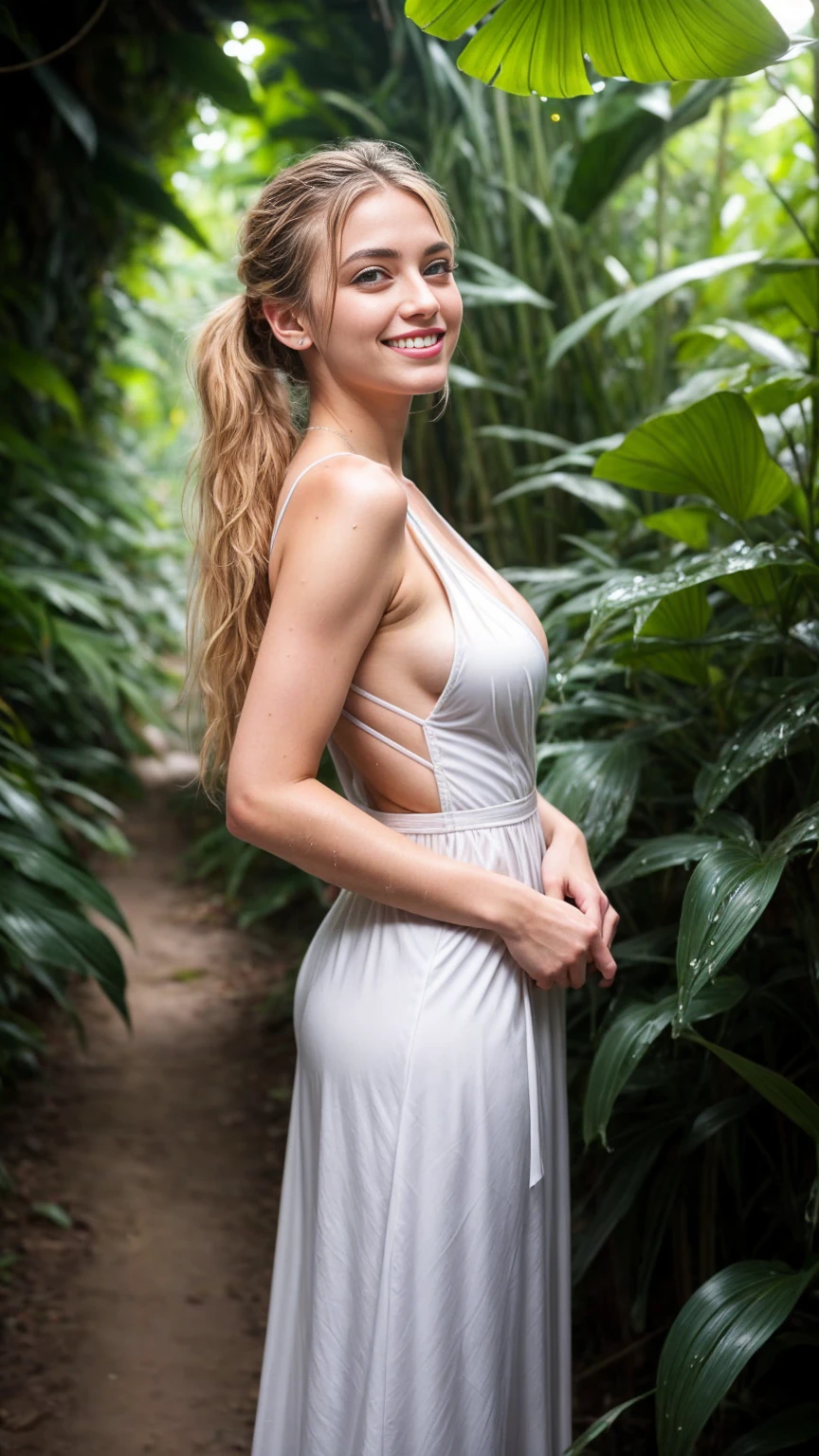 A beautiful European women, smiling, white teeth, full body, hiding hands behind her back, looking up, face up, wearing evening dress, long dress, wet dress, cleavage, jungles. She is 24 years old, has blond ponytails and blue eyes. Her cloth is stylish and her overall appearance is stunning. The girl's face is extremely detailed with beautifully detailed lips. Her skin is anatomically correct with realistic textures. The image should have super high details and be of the best quality, with a resolution of 8K. The final result should be a masterpiece, showcasing the girl's beauty and the vibrant atmosphere of jungles