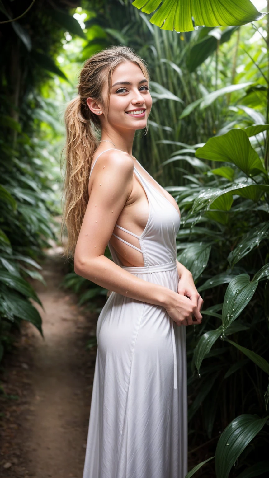 A beautiful European women, smiling, white teeth, full body, hiding hands behind her back, looking up, face up, wearing evening dress, long dress, wet dress, cleavage, jungles. She is 24 years old, has blond ponytails and blue eyes. Her cloth is stylish and her overall appearance is stunning. The girl's face is extremely detailed with beautifully detailed lips. Her skin is anatomically correct with realistic textures. The image should have super high details and be of the best quality, with a resolution of 8K. The final result should be a masterpiece, showcasing the girl's beauty and the vibrant atmosphere of jungles