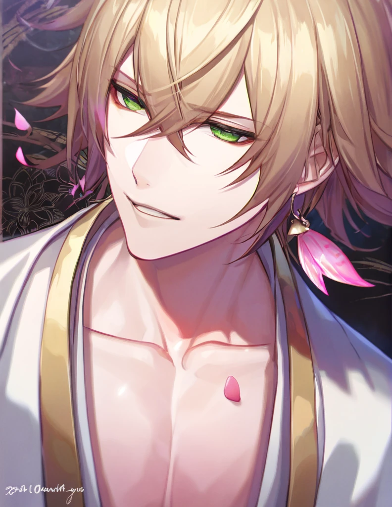 (absurdres, highres, ultra detailed, HDR), master piece, best quality, perfect face, delicate features, vibrant green eyes, solo, man, handsome, Taishakuten, ash-blond hair, hair between the eyes, white tunic, showing the chest, lotus earrings, onmyoji, pink moon, pink flames, pink petals, pink butterflies, angry, 