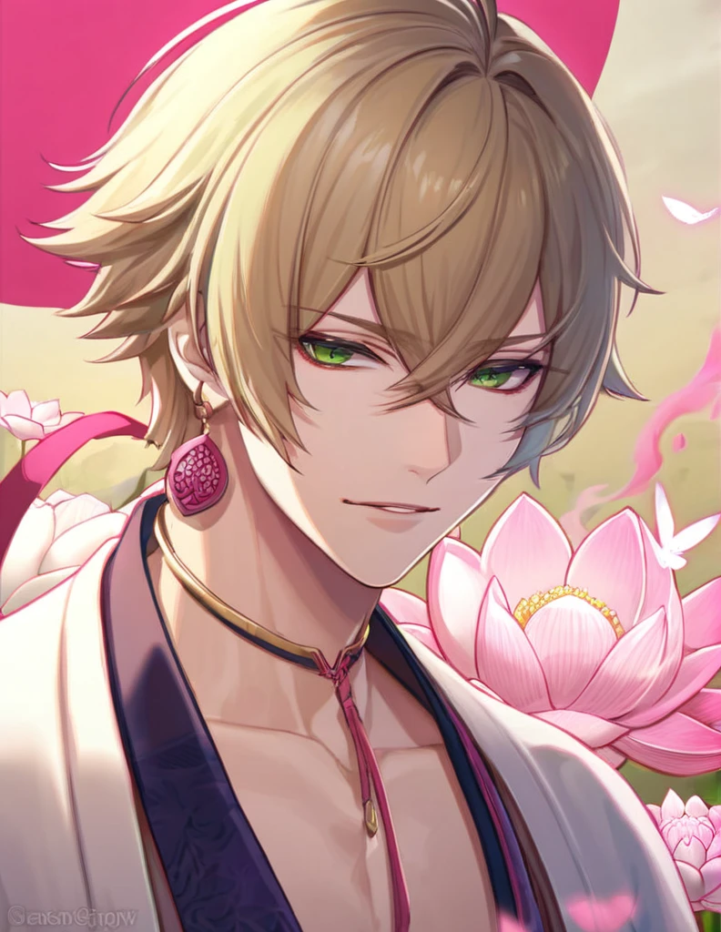 (absurdres, highres, ultra detailed, HDR), master piece, best quality, perfect face, delicate features, vibrant green eyes, solo, man, handsome, Taishakuten, ash-blond hair, hair between the eyes, white tunic, showing the chest, lotus earrings, onmyoji, pink moon, pink flames, pink petals, pink butterflies, angry,