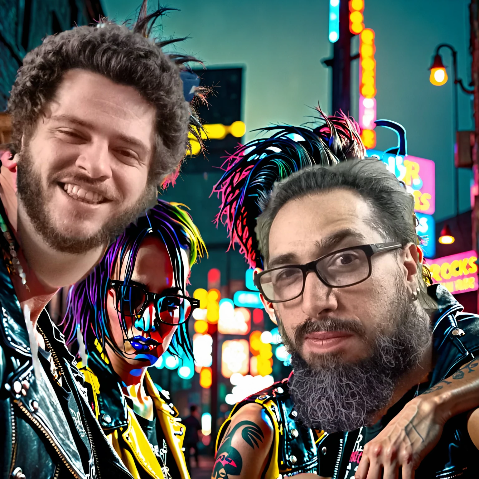 Two rockers heading in opposite directions,, rostos charmosos, ((both depicted as silhouettes with no visible facial features)). The background is a grungy urban environment with neon lights, moody lighting, and a cinematic angle. The scene is highly detailed and photorealistic, with an 8k resolution and an award-winning digital art style