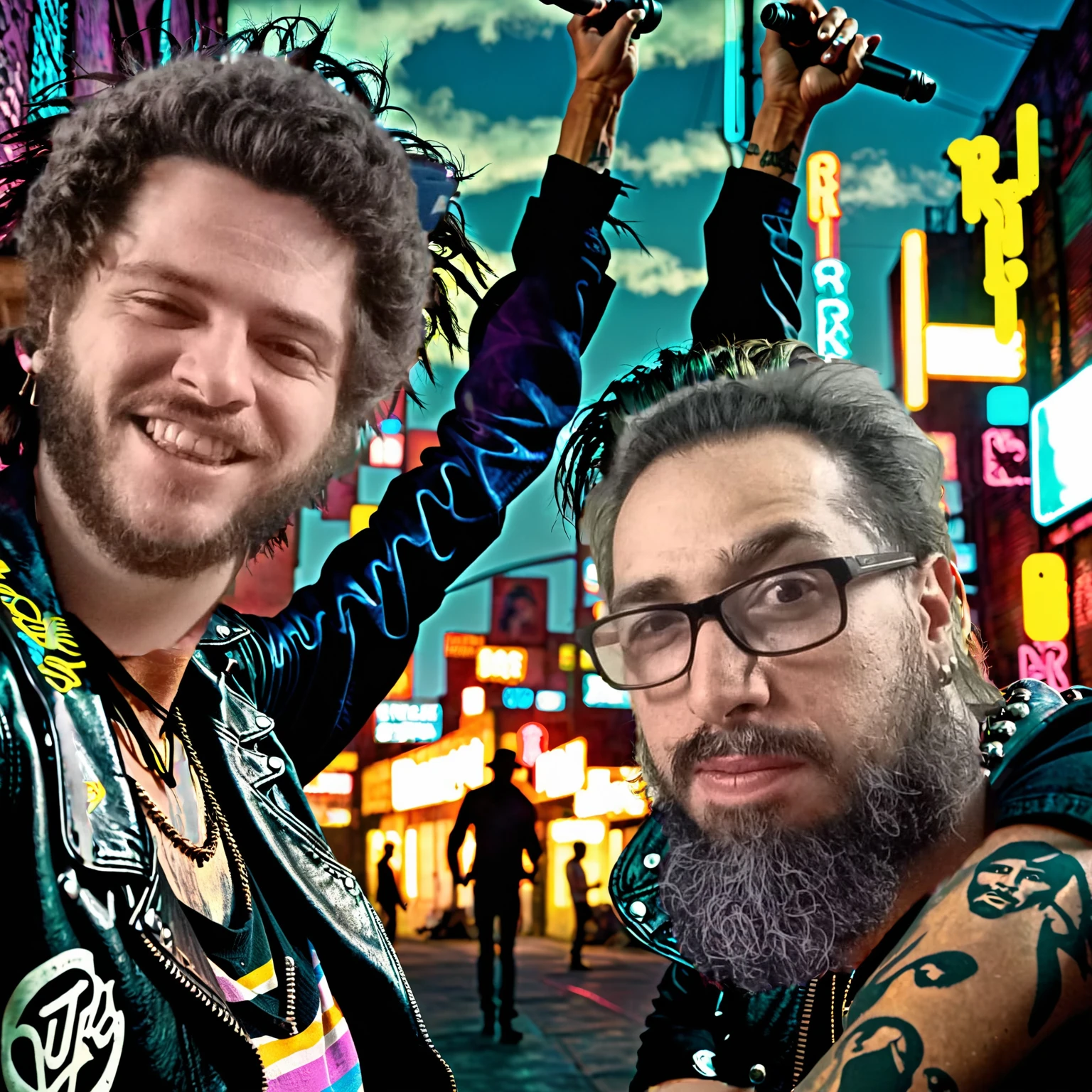 Two rockers heading in opposite directions,, rostos charmosos, ((both depicted as silhouettes with no visible facial features)). The background is a grungy urban environment with neon lights, moody lighting, and a cinematic angle. The scene is highly detailed and photorealistic, with an 8k resolution and an award-winning digital art style