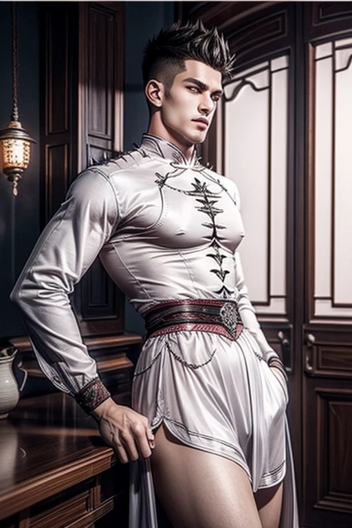A shaved young man having long legs, thick thighs, large wide hips, thin and narrow weist, big large feminine breasts, large male reproductive organs, very small spikey boyish haircut, dress, Chinese donghua, , interior,hot man,hot male