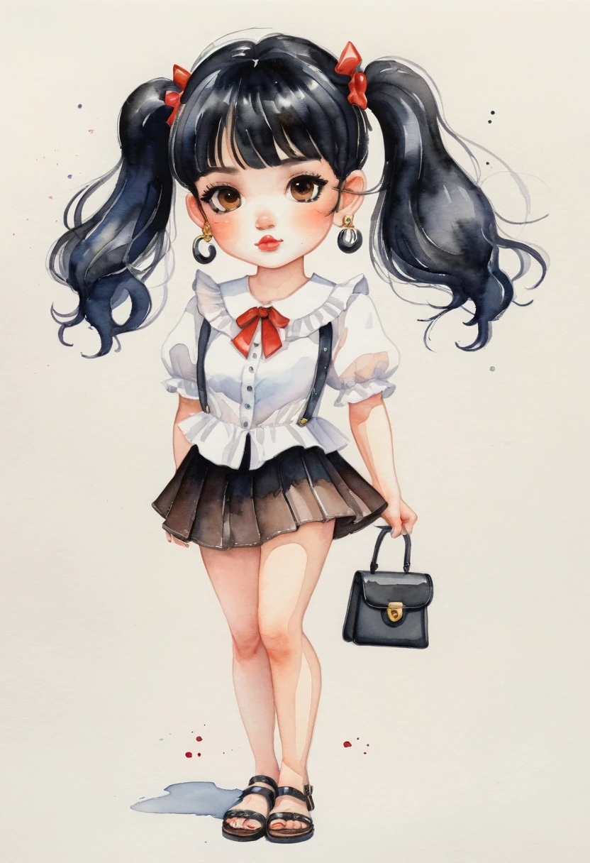Miniature Painting, watercolor style, cartoonA woman looking straight ahead,Perfect face, she has black hair with bangs, brown eyes, small freckles on her face, earrings in her ears and a chain on her arm. She is wearing a black skirt and white blouse with ruffles. She has black sandals on her feet. watercolor style, kawaii style. high quality, by Harumi Hironaka