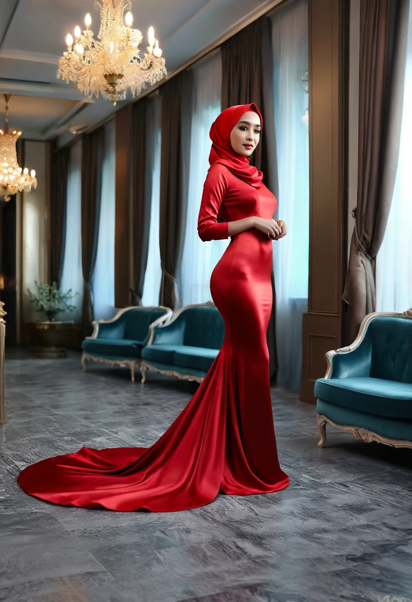 a woman in the red silk gown, full body,wear hijab, half neked,mermaid tight long gown, flowy dramatic long gown, double long satin train ( 4 meter long ),satin sheet,wear high heels, masterpice, 4k resolution, ultra-realistic, highly detail.