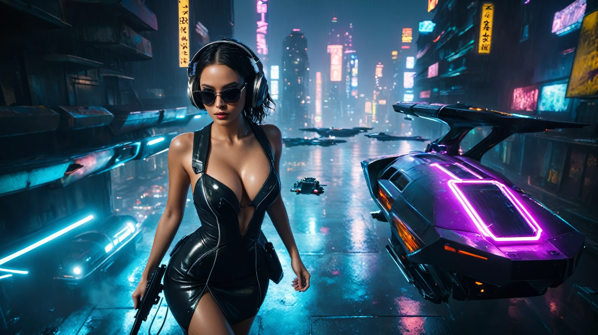 (aerial view, a flying cars docking platform, a very dark abandoned futuristic city, neon lights), rainy night. 1girl, solo, alone, large-breast:1.2 slim body, cleavage:1.1, sexy wind blowing wet dress:1.4, (headphone, black sunglasses), (((she raised a pistol:1.8 and took aim))), dynamic pose, (((half-body thigh level medium shot))), cinematic lighting, lens flare, ray tracing.