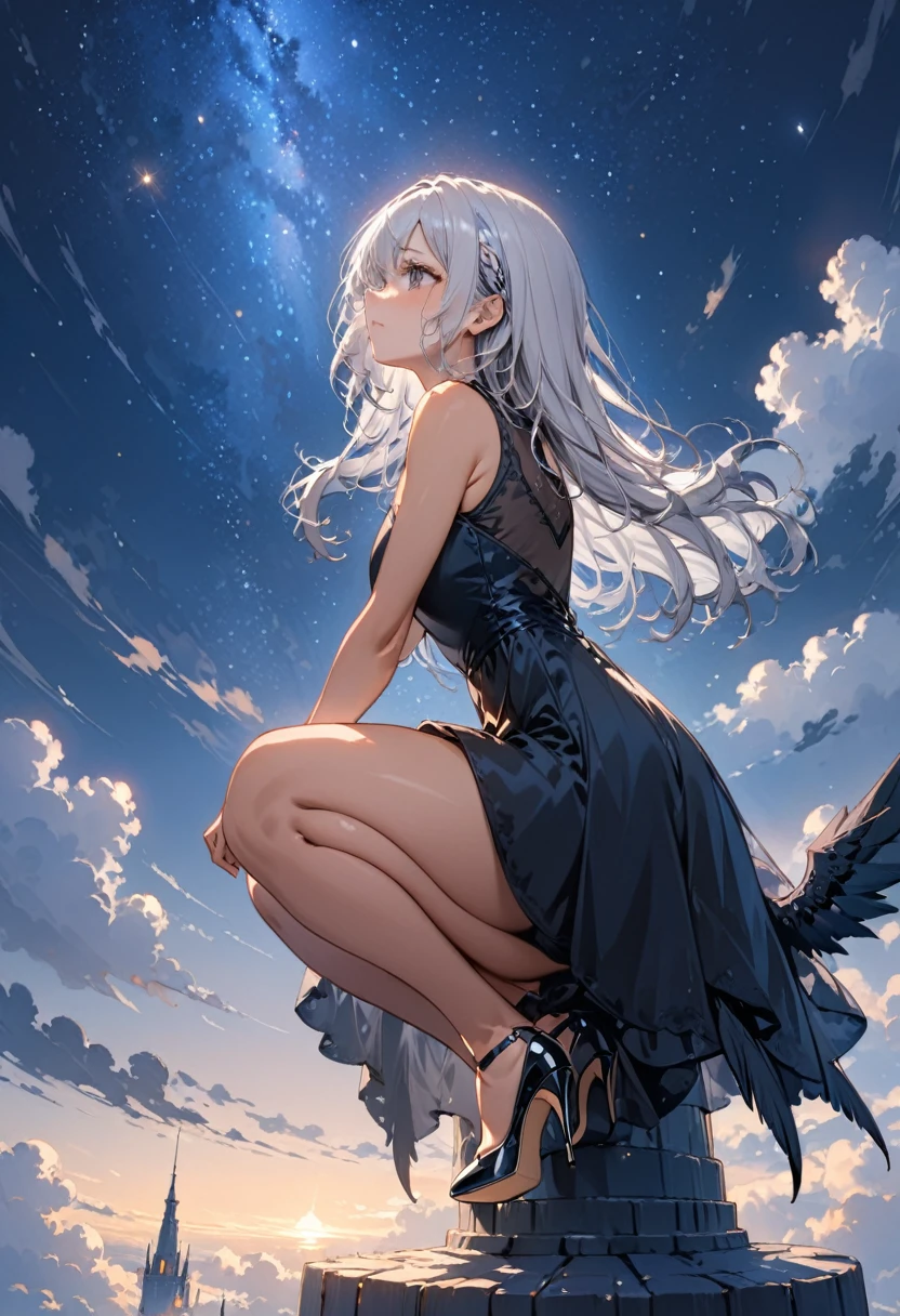 ((Highest quality)), ((masterpiece)), (detailed), One girl,Silver Hair,Long Hair，Dark Skin,Wearing a black sleeveless dress，Wear black high heels，Squatting pose on top of the tower,Starry Sky，cloud，Girl with black wings，Look away