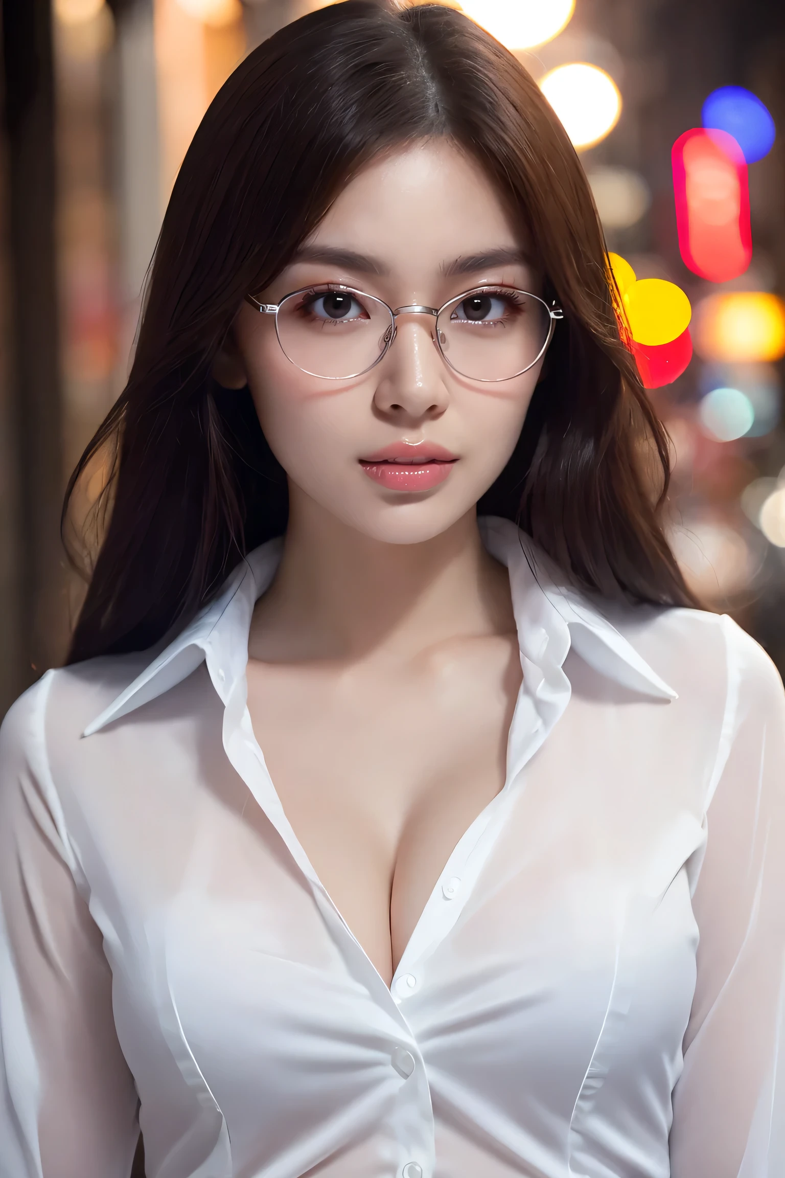 (highest quality、Tabletop、8k、Best image quality、Award-winning works)、One beautiful woman、Age 25、Perfect beautiful composition、(Classy glasses:1.1)、(Cleavage:1.1)、Big breasts that look like they might burst、Accentuate your body lines、(Perfect and precise white polyester shirt:1.3)、look at me、(Sexy look:1.1)、Perfect Makeup、attractive、Sexy、Lustrous and bright lips、Accurate anatomy、(Face close-up:1.3)、look at me、(The moodiest entertainment district lighting:1.1)、(Moody and romantic atmosphere blurred red light district street background:1.2)、Perfect Makeup、Ultra-high definition beauty face、Ultra HD Hair、Ultra-high definition moisturizing eye area、(Ultra High Resolution Perfect Teeth:1.1)、(Ultra-high resolution glossy skin:1.1)、Super high quality glossy lip