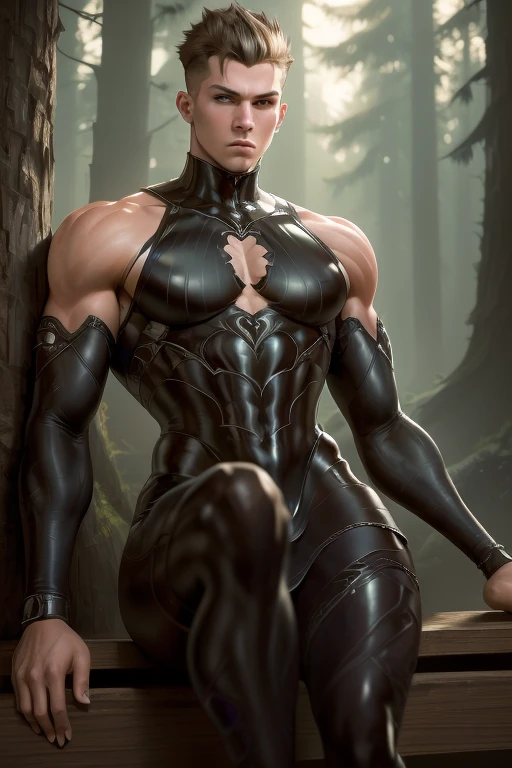 A young man, having long legs, thick thighs, large hips, thin and narrow weist, big large feminine breasts, large male reproductive organs, very small spikey boyish haircut, wearing dress , hot male , detached sleeves , forest
