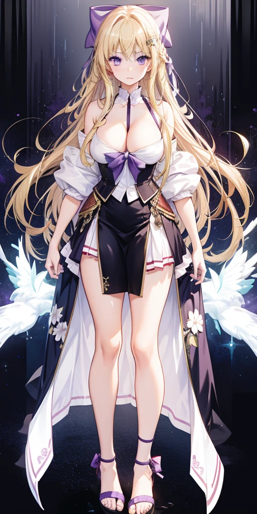 girl,Large Breasts,long hair,Topless,Bow,Blonde Hair, Purple Eyes, Cleavage,Large Breasts,whole body,foot