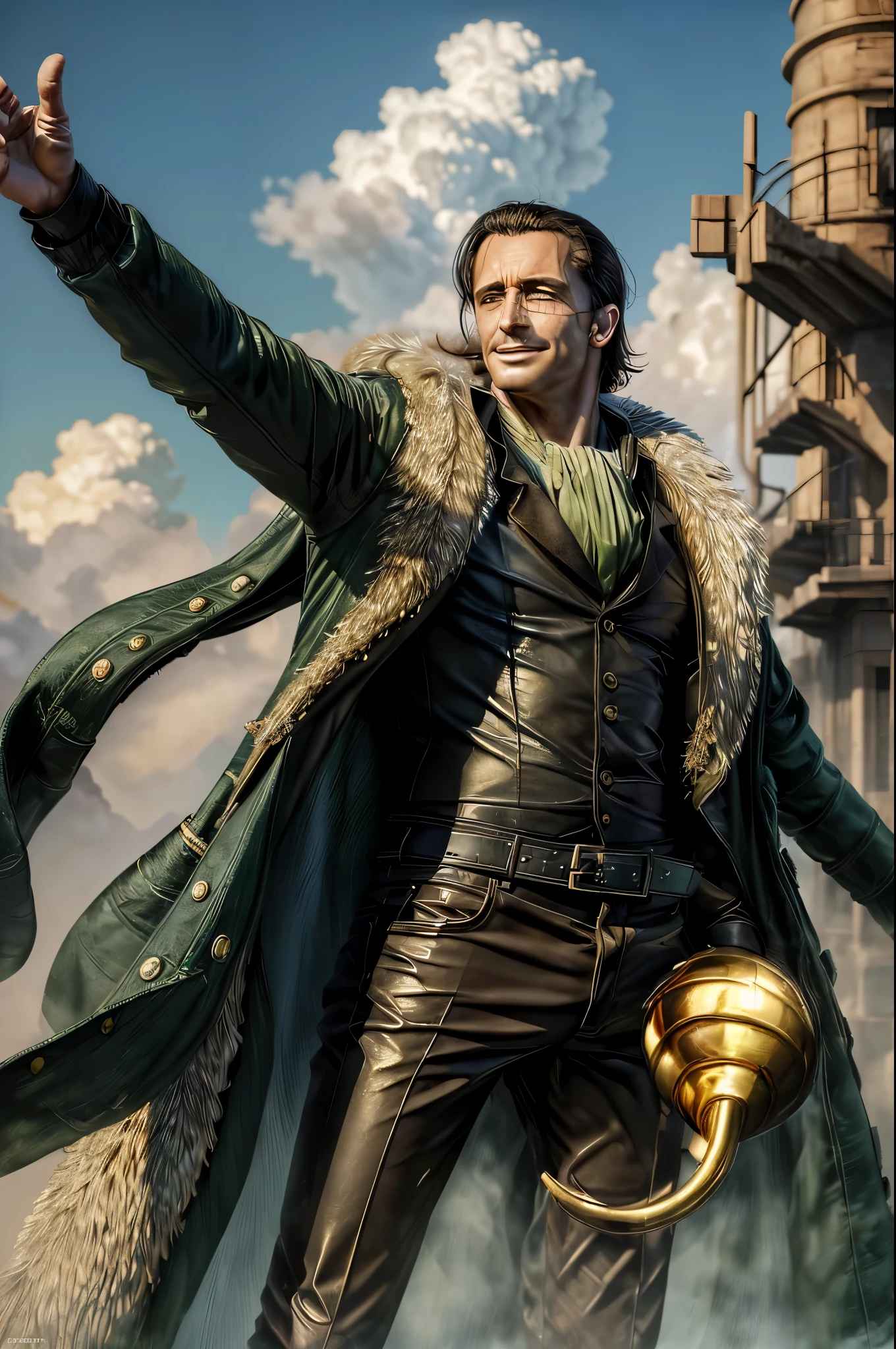masterpiece, best quality, extremely detailed, hyperrealistic, photorealistic, a cool 40s man, ultra detailed face:1.2, fur-trimmed coat, scarf around the neck, his left hand is a golden pirate hook:1.1