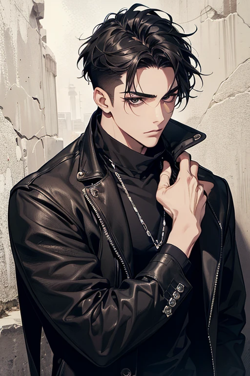 (Very realistic, concentrate、High resolution, Detailed face, Detailed Hair,fine grain), (Shooting in front of a wall)、Japanese men, Age 25, One boy,There is only one person in the picture、Natural look、 Black leather jacket, Upper body portrait,masterpiece, good looking,View the viewer, (black straight short hair), (lightly shaven on the sides), sharp gaze, black eyes, street fashion, silver chains and rings as accessories, 180cm, toned build