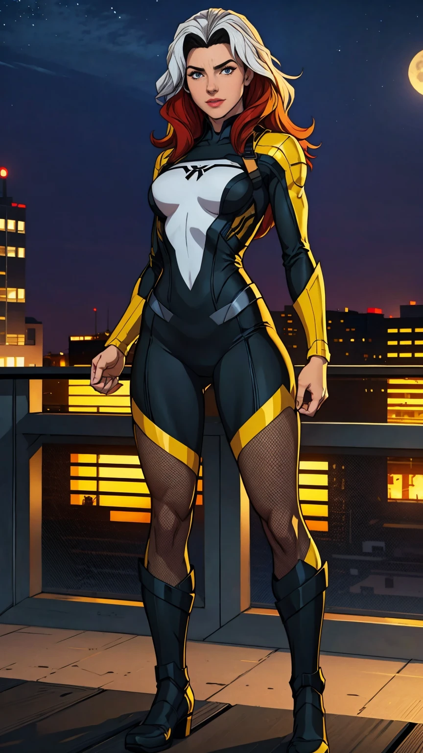 ((Full body photo, standing, feet on the ground)) (best quality, 4k, 8k, high resolution, masterpiece: 1,2), ultra-detailed, fishnet tights, (realistic, photorealistic, photorealistic: 1, 37), full body photo, Rogue, X-Men, yellow high boots, beauty pose, standing, show feet, outside, city roof at night, black and white uniform

