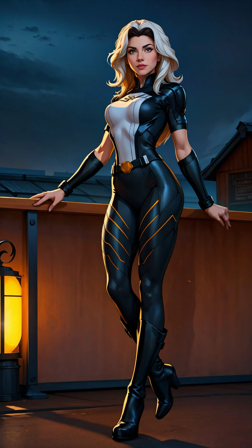 ((Full body photo, standing, feet on the ground)) (best quality, 4k, 8k, high resolution, masterpiece: 1,2), ultra-detailed, fishnet tights, (realistic, photorealistic, photorealistic: 1, 37), full body photo, Rogue, X-Men, yellow high boots, beauty pose, standing, show feet, outside, city roof at night, black and white uniform

